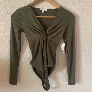 olive green twist v neck long sleeve body suit